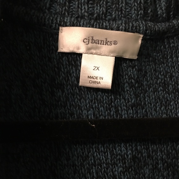 Blue green sweater vest 2X zipper black “X” border trim collar CJBanks vintage - Picture 4 of 4